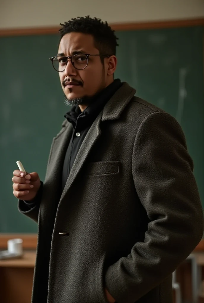 a professor of history lecturing,detailed portrait,close-up shot,serious expression,glasses,tweed jacket,chalk in hand,blackboard behind,university classroom setting,natural lighting,photorealistic,highly detailed,vivid colors,cinematic composition,award-winning photography style