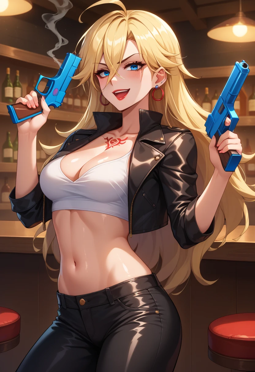 panty \(psg\) ,blonde hair,long hair,blue eyes,ahoge,hair between eyes, long hair, earrings, red lips, medium breasts, ear piercing, long hair, blush, lipstick,Hot girl, baddie,
smoking, sensual, attractive ,indoors, bar background, inside bar, masterpiece, best quality, highly detailed, a girls with a gun, evil smile , open mouth, sexy gaze, badass
pose , evil smile, smile, (nsfw) not safe for work, guns blazing, anime girl with long hair, beautiful long
haired girl, navel, evil expression, exposed belly, exposed navel, exposed midriff, exposed lower belly,
long black pants, crop top, cleavage, unbuttoned leather pants ,open fly, low rise black leather pants,
leather jacket, holding a gun, holding pistol, tattoo on body, tattoo midriff, rose tattoo, shiny skin