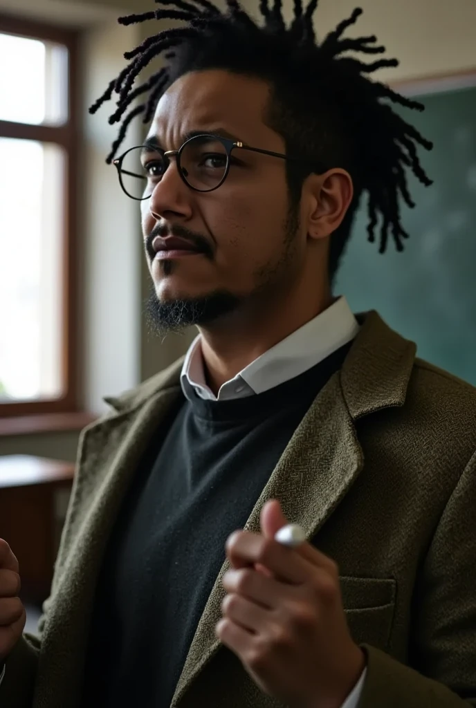 a professor of history lecturing,detailed portrait,close-up shot,serious expression,glasses,tweed jacket,chalk in hand,blackboard behind,university classroom setting,natural lighting,photorealistic,highly detailed,vivid colors,cinematic composition,award-winning photography style