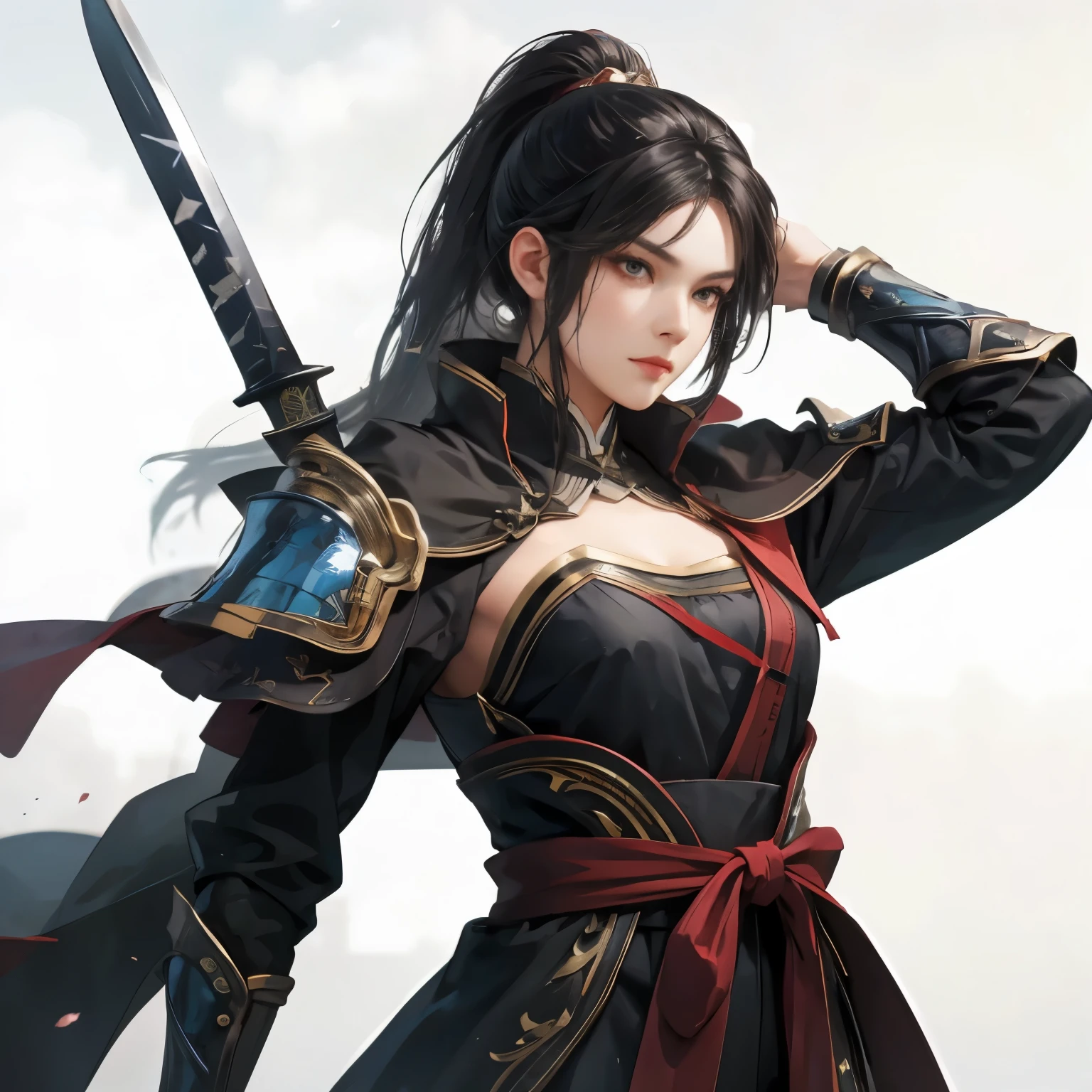 Beautiful black-haired woman :1.3, amazing character art , Hanfu,(( pure white background)), ( best quality), handsome,Beautiful female knight, 2. 5D CGI fantasy artwork, detailed digital art , Very nice work of art, fan art best art station, (black velvet long cape),(warrior:1.2)( No Emotion)1.2,Japan、Exquisitely drawn hands 、 I'm putting my hands on my lower back,He has a sword on his waist、 facing the front、