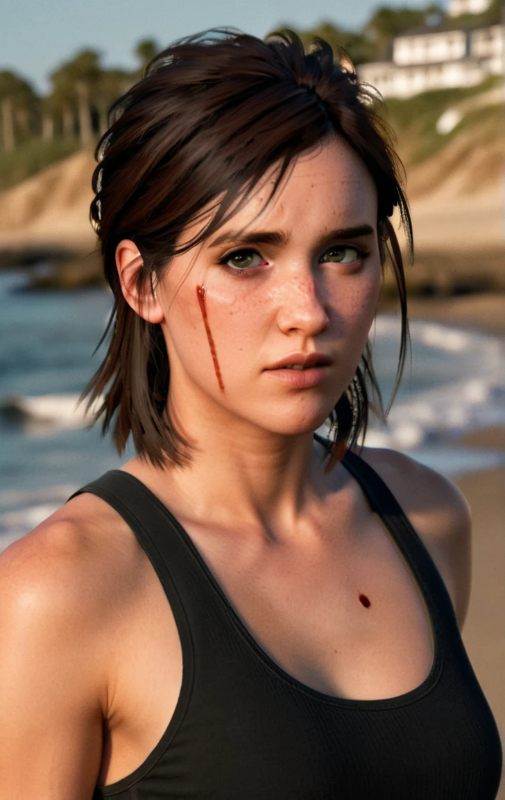 photo of ohxw, ellie, tattoo on left arm, woman, black jeans, close up, , meduim length hair, face details, low key lighting, blood on her face. Sexy face. Ribbed Tank top black .at the beach
