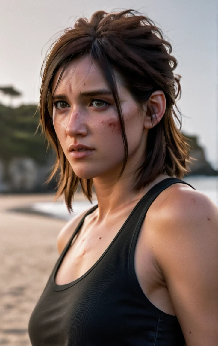 photo of ohxw, ellie, tattoo on left arm, woman, black jeans, close up, , meduim length hair, face details, low key lighting, blood on her face. Sexy face. Ribbed Tank top black .at the beach
