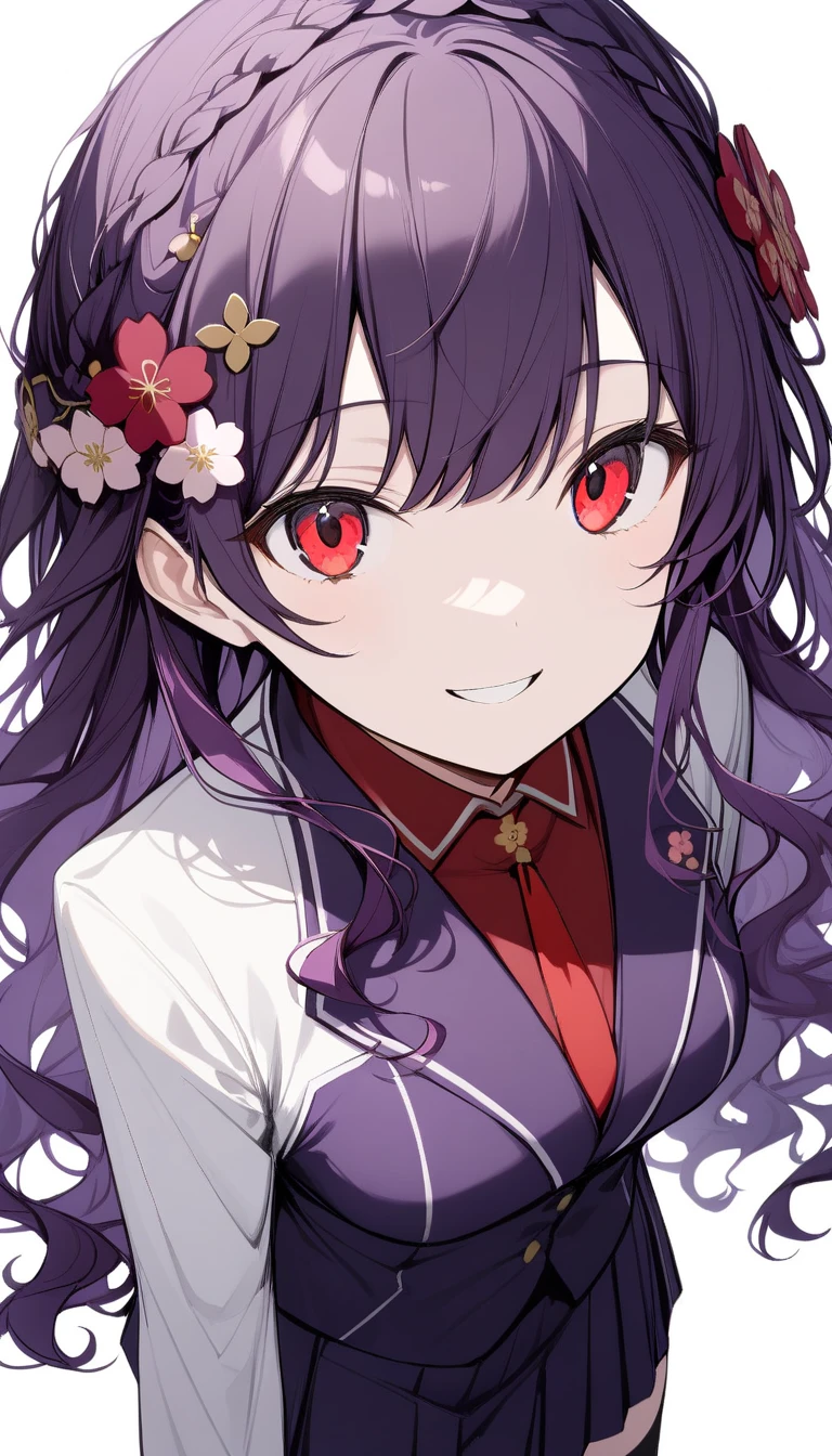 {{masterpiece}}、((White background,eye level shot、 Cowboy Shots))、very detailed hands、 Attention to Details 、(( 1 girl))、 slender、 medium breasts、{Solo Shot}、 Viewers' Perspective 、(Happy smile)、((dark purple long hair 、wavy hair、Crown braid、Plum blossom hair ornament、Red eyes:1.3))、｛school uniform,White color  blazer、 red tie }、black color thigh-high socks、 standing