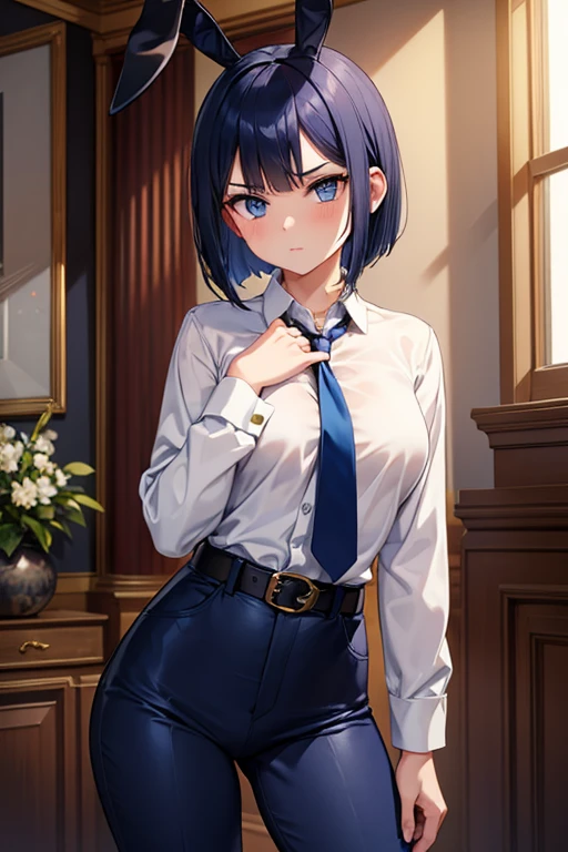  1 beautiful girl with pieces 　Shows up to the waist　 dark blue bob hair　 blue eyes　Glare　 navy blue suit　 navy blue pants　 red tie 　belt　Bunny ears