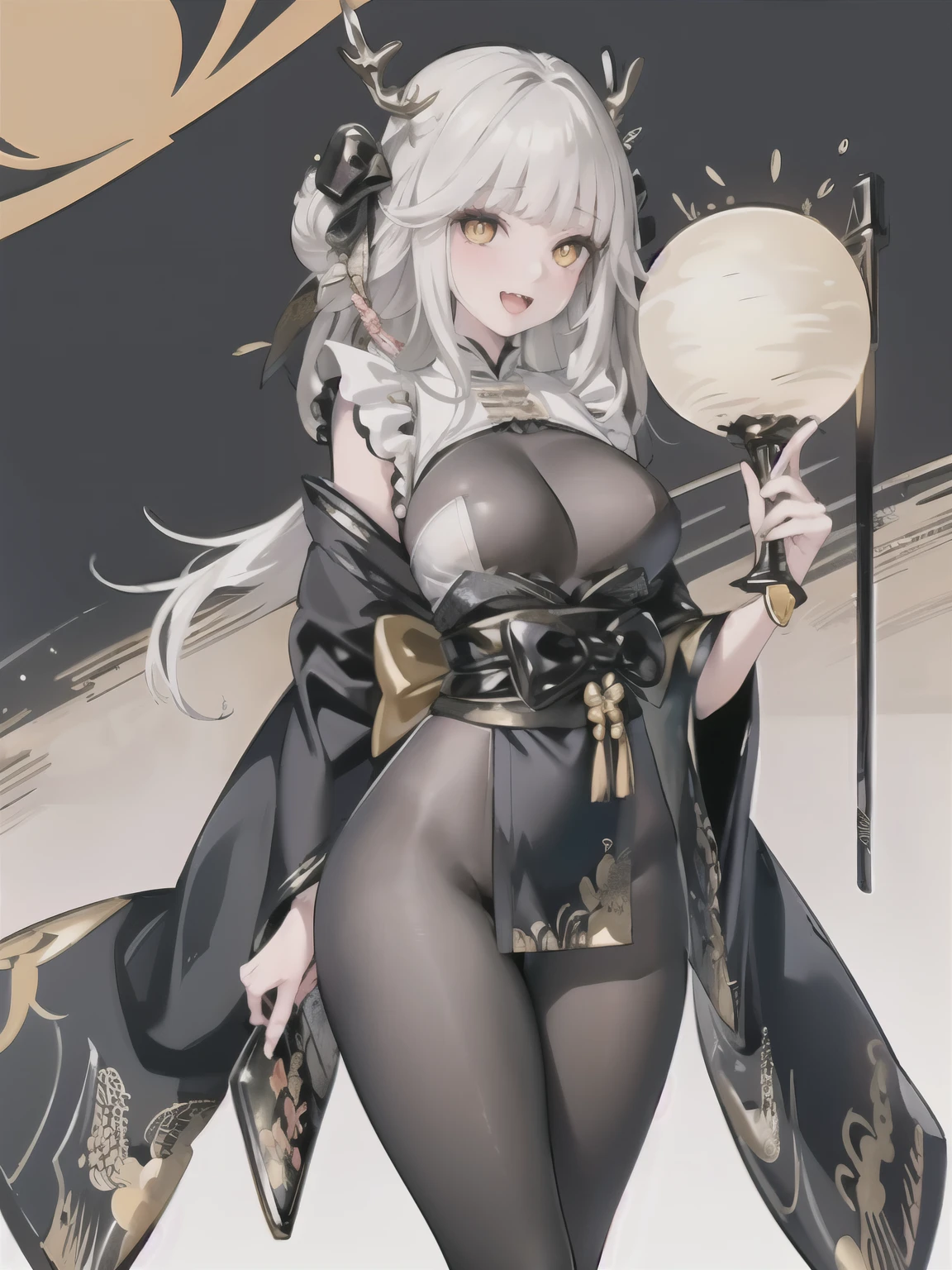 (extremely detailed CG, best quality:1.1), 1girl, perfect face, bright pupils, (finely detailed beautiful eyes:1.1), shiny skin, lustrous skin, wide hips, narrow waist, double bun, yellow eye, horns, antlers, hair ornament, japanese clothes, black kimono, black high heels, pantyhose, black bodystocking, bow, elbow gloves, :d 