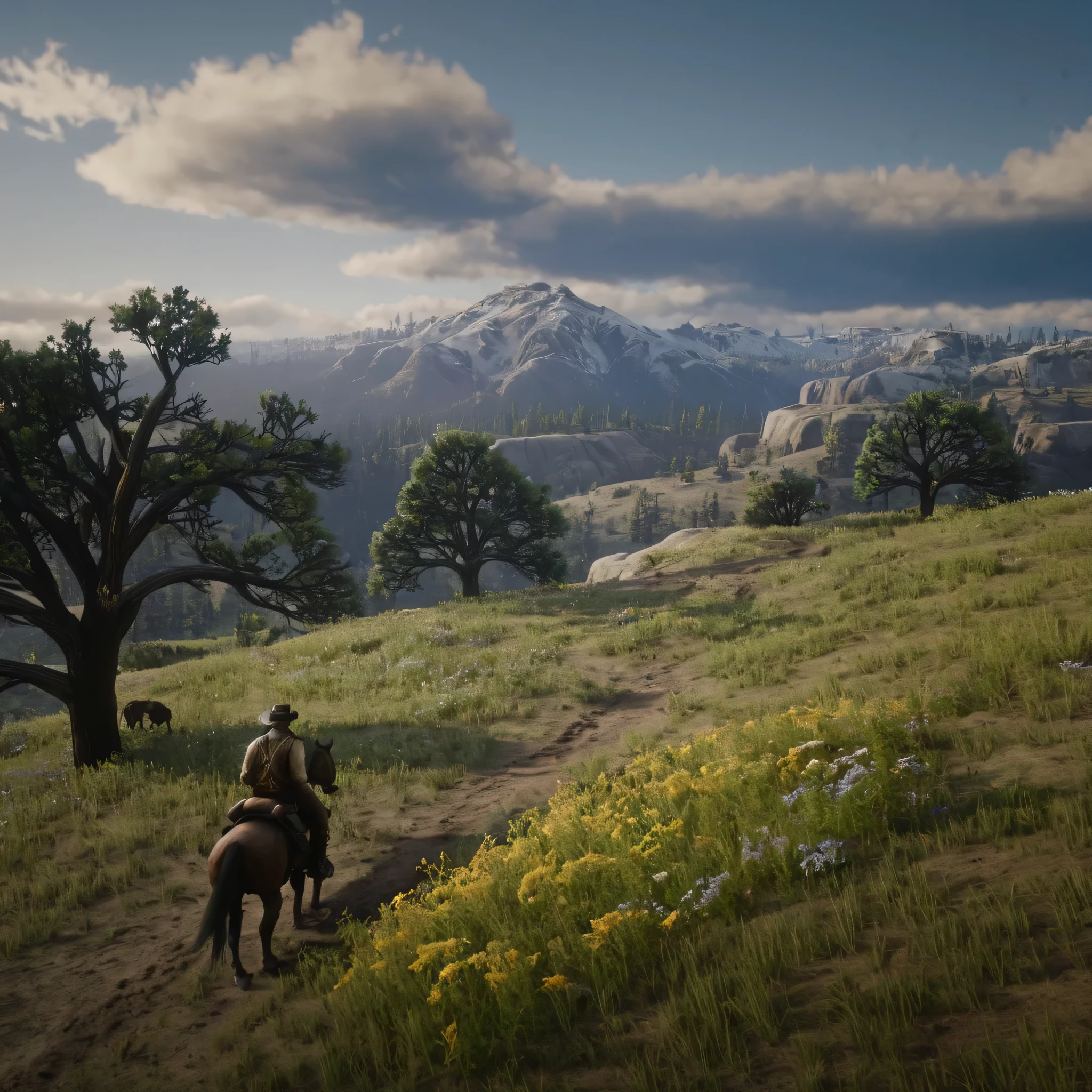 cinematic film still of cinematic filmsnowy mountain hill top,   snow, dead trees,wildlife loads of flowers, trees , pathways, cowboy riding horses , outdoors,sky,cloud,tree,grass,ground,wildflowers, epic, Western, adventures, outlaw, Red Dead, Western United States, wild west,  Open world, 1900's, realistic, cinematic, film look, dramatic light, partially covered in shadows, gang, Western-themed action-adventure, Red Dead Redemption style, shallow depth of field, vignette, highly detailed, high budget, bokeh, cinemascope, moody, epic, gorgeous, film grain, grainy