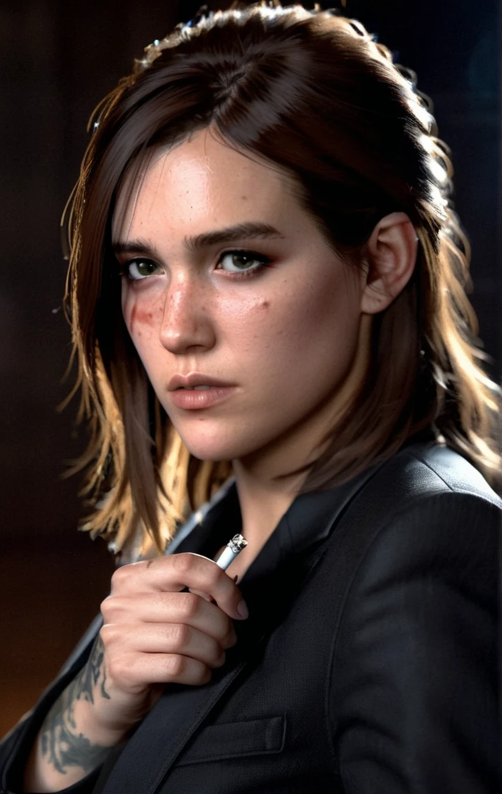 photo of ohxw, ellie, tattoo on left arm, woman, black jeans, close up, , long length hair, face details, low key lighting, blood on her face. Sexy face, black suit. Smoking a cigarette