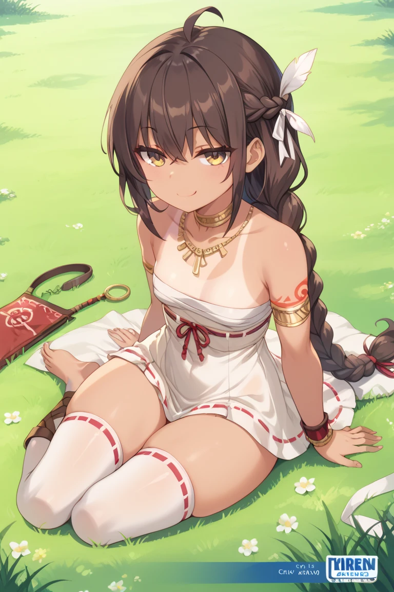 A girl, smug look,  brown hair ,  disheveled hair with a lot of hair with long bangs with a braid behind,  golden eyes ,  tanned skin,  with tribal tattoos on the body, sitting on the grass floor ,  small breasts , slim,  thick thighs , wearing a dress with a lot of ribbons , with bandages that cover her torso , with long stockings, barefoot 