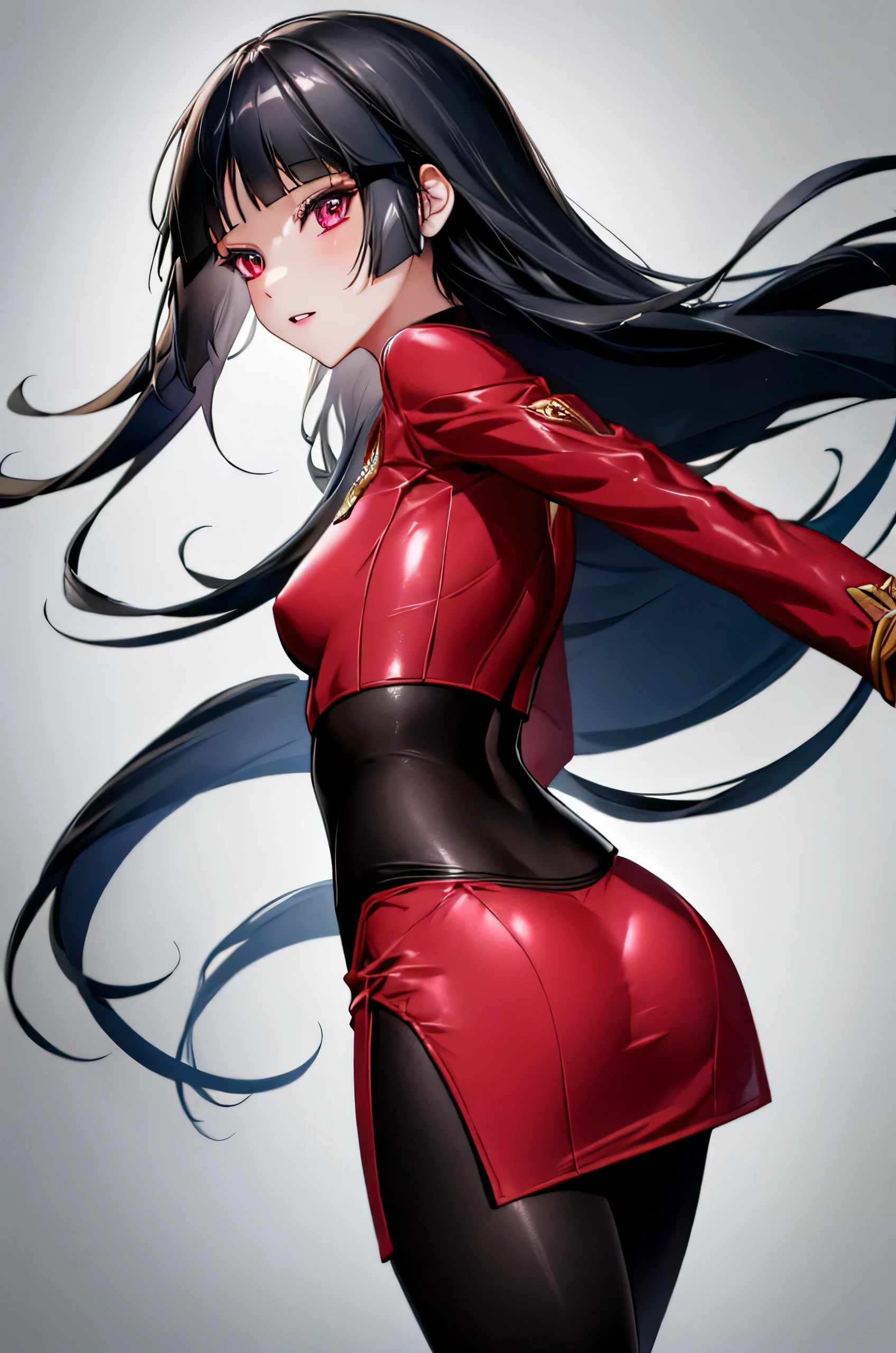 1girl, standing, spread arms, looking back, from behind, facing viewer, BREAK frlgsabrina, blunt bangs, long hair, black bodysuit, red crop top, red sleeves, red skirt, white gloves, black pantyhose, open hands, (small breasts:0.9), BREAK detailed background, white wall, BREAK (best quality, masterpiece, UHD, ultra detailed), (beautiful face, shiny skin), (detailed eyes), (perfect anatomy), (professional lighting)