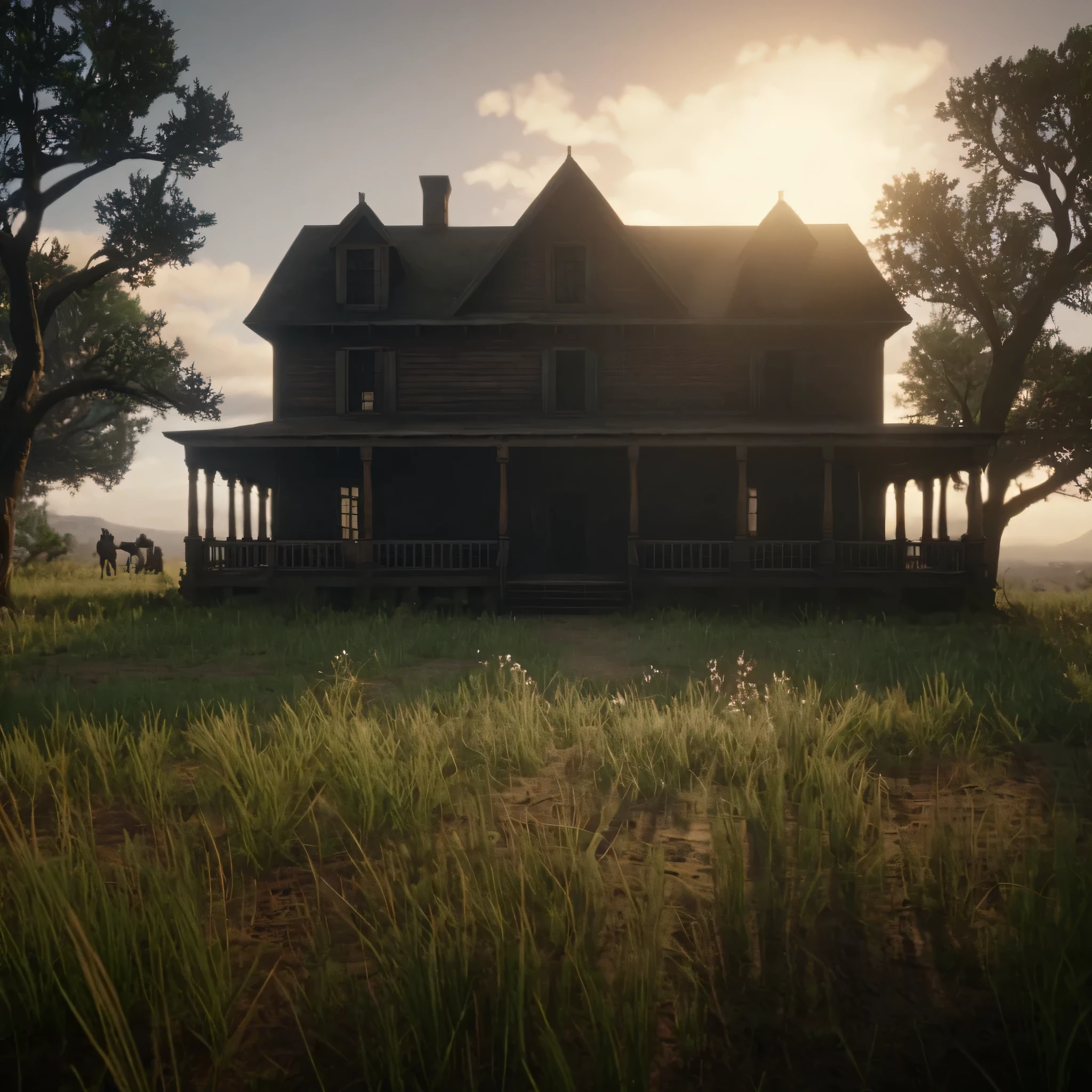 cinematic film still of cinematic film still of  a mana large house,  tress surroundings it outdoors,sky,cloud,tree,grass,ground,wildflowers, wildlife, vehicle,building,scenery,motor vehicle,car,house,bicycle , epic, Western, adventures, outlaw, Red Dead, Western United States, wild west,  Open world, 1900's, realistic, cinematic, film look, dramatic light, partially covered in shadows, gang, Western-themed action-adventure, Red Dead Redemption style, shallow depth of field, vignette, highly detailed, high budget, bokeh, cinemascope, moody, epic, gorgeous, film grain, grainy