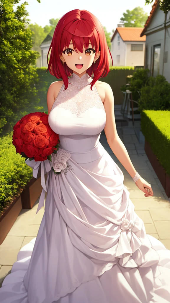 masterpiece, best quality, high quality, girl, solo, looking at viewer, enjou_retto, Red hair, Brown Eyes, large breasts, wedding dress, standing, garden, confetti, holding bouquet, smile, open mouth