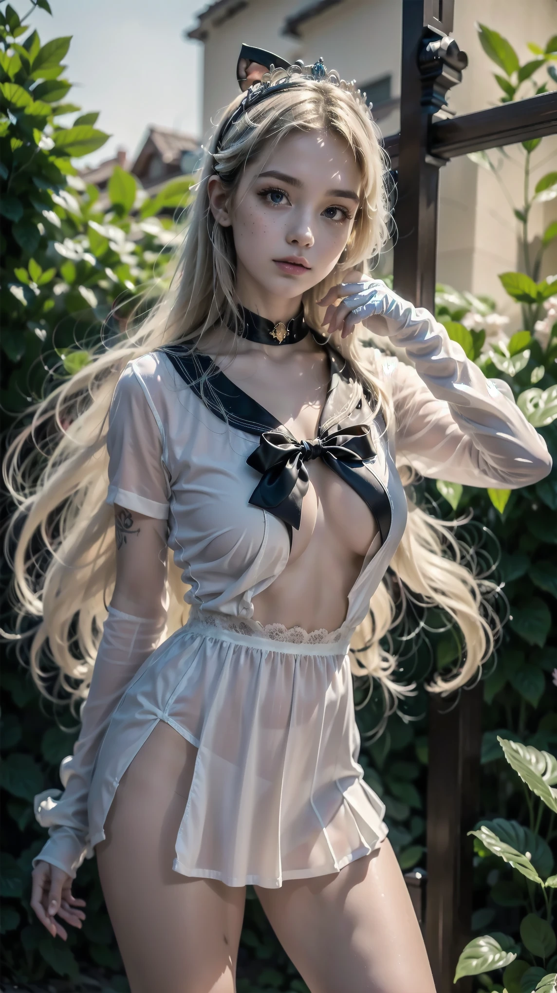 18k, Unripe, Professional, High quality, masutepiece: 1.2), (realisitic, Photorealistic: 1.37), Ultra-Details, (Portrait), (high-detail skin: 1.2), (High Definition Face: 1.2), Cinematic lighting, 1girl in,  chubby, plumper, High Definition, hight resolution, Blonde breast length, Wave hair, huge-breasted:1.2 White dress fits the body: 1.1, Skinny Dresses, Long skirt fluttering in the wind White knit sandals with thick thighs , Holding the skirt with your hands,  Embarrassed expression NSFW Clear skin Beautiful skin
