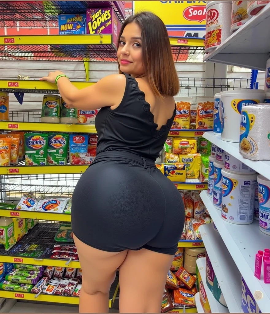 a sexy brown voluptuous big ass, freaky big booty, bikini native american girl, wearing accesories in the arms and legs, with kart market buying things in a mart, artistic composition, masterpiece photo