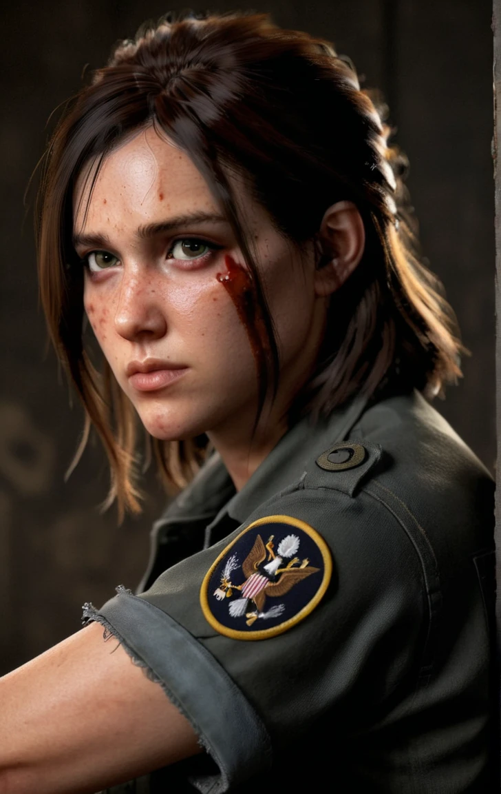 photo of ohxw, ellie, tattoo on left arm, woman, black jeans, close up, , long length hair, face details, low key lighting, blood on her face. Sexy face, army uniform. 