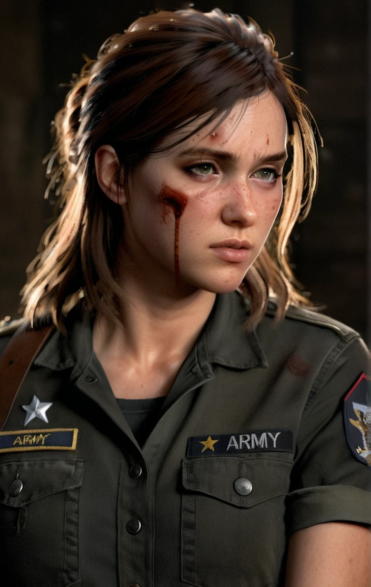 photo of ohxw, ellie, tattoo on left arm, woman, black jeans, close up, , long length hair, face details, low key lighting, blood on her face. Sexy face, army uniform. 