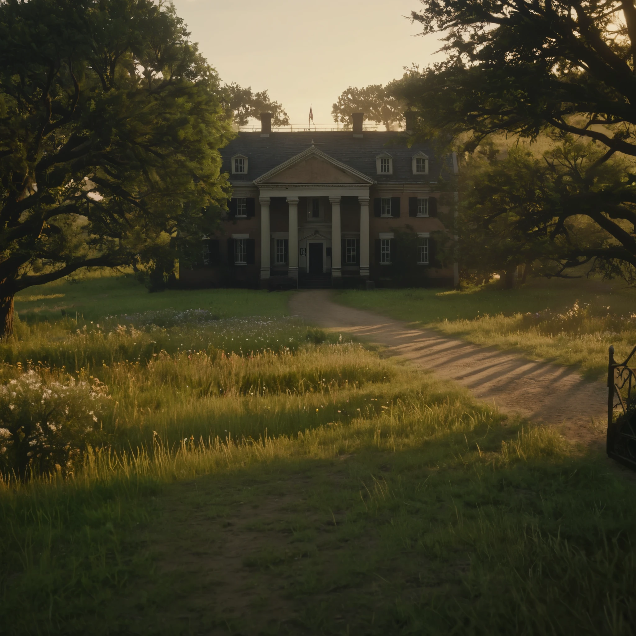 cinematic film still of cinematic film still of  large mansion  house big gate at the end of pathway, trees and pathway leading towards house  tress surroundings it outdoors,sky,cloud,tree,grass,ground,wildflowers, wildlife, vehicle,building,scenery,motor vehicle,car,house,bicycle , epic, Western, adventures, outlaw, Red Dead, Western United States, wild west,  Open world, 1900's, realistic, cinematic, film look, dramatic light, partially covered in shadows, gang, Western-themed action-adventure, Red Dead Redemption style, shallow depth of field, vignette, highly detailed, high budget, bokeh, cinemascope, moody, epic, gorgeous, film grain, grainy