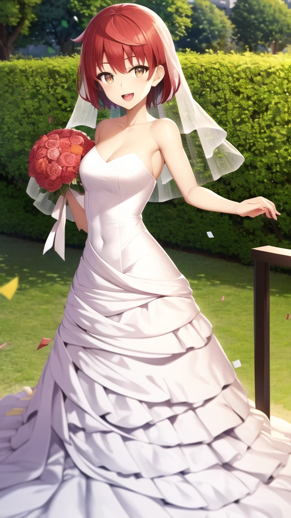 masterpiece, best quality, highres, girl, solo, looking at viewer, enjou_retto, Red hair, Brown eyes, wedding dress, standing, garden, confetti, holding bouquet, smile, open mouth,