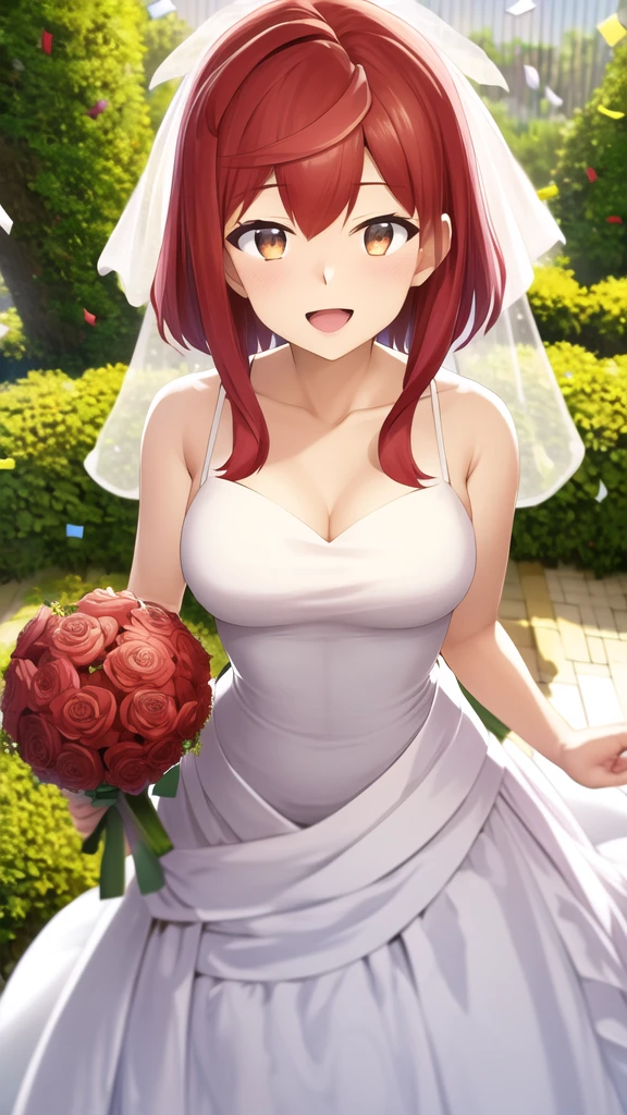 masterpiece, best quality, highres, girl, solo, looking at viewer, enjou_retto, Red hair, Brown eyes, wedding dress, standing, garden, confetti, holding bouquet, smile, open mouth,