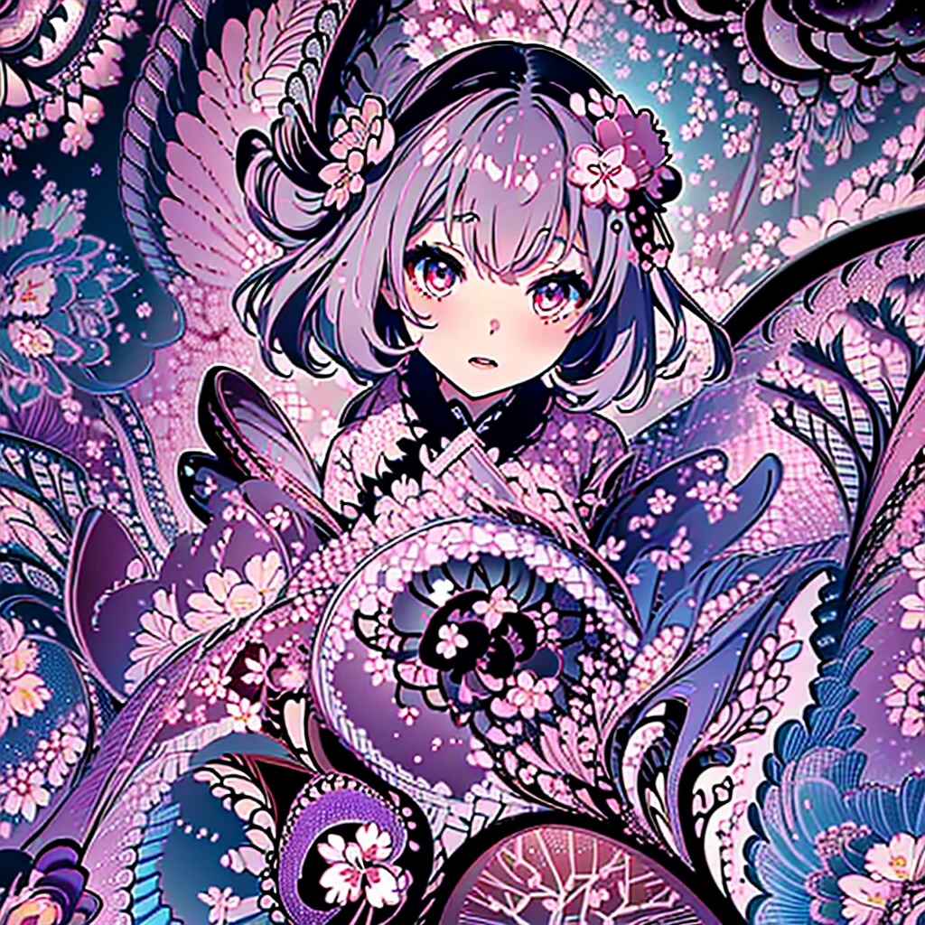  face close-up、 1 girl , Gothic Lolita and Japanese Patterns、 perfect anatomy、(Cherry Blossom Fractal Art :1.５)、(star:1.1) (Floral:1.3)、 pastel colors、、The background is an abandoned castle 、Purple full moon 、White Hair、Cosmos。Intergalactic、 Aurora、 pink and orange light sources 、 lengthening the sleeves of clothes ,beautiful、 best quality、 greatest masterpiece、 dynamic composition、Wave of petals、