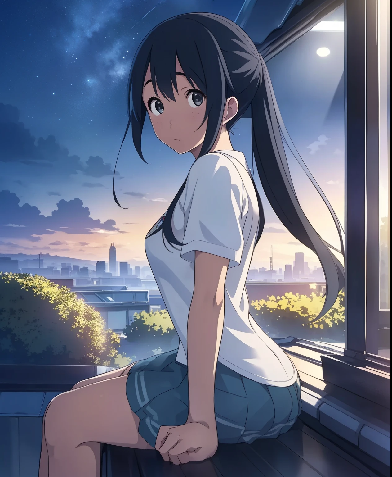 (masterpiece、 best quality、 best quality、 Official Art、 beautiful and beautiful :1.2)、( one girl who is at ease:1.3) Hatsune Miku、 twin tails, Beautiful breasts, best quality, masterpiece,  Very detailed,  detailed background, Anime,  1 girl ,  young girl,  petite girl with medium hair,  Sci-fi , science fiction, Outdoor,  knight ,  starry sky , greenhouse,  MegaStructures, Biodome, landscape, scenery,  horizon , rooftop, sitting on rooftop, wind,  looking sideways, Atmospheric lighting,  solo focus ,  close, from side,  depth of writing, Bokeh
