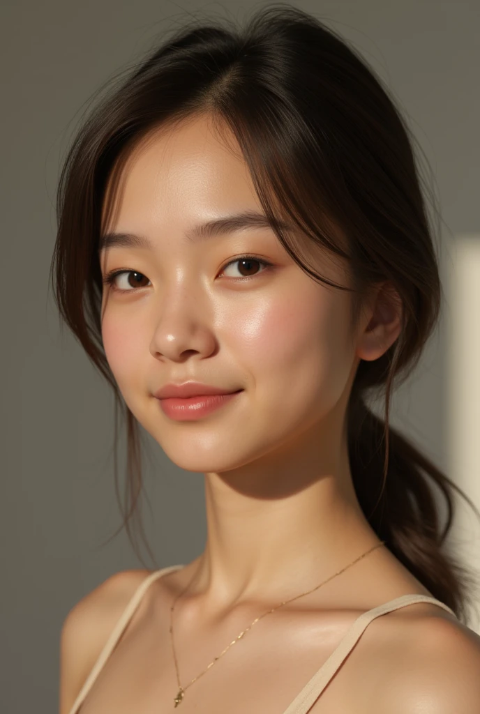very Hyperrealistic foto from complitely nude, nude showing tits big tits none clodes, his breast is average like c coup full body image A young woman with an oval face and a softly defined jawline. Her skin is light and smooth, with a natural blush on her cheeks. She has straight, dark brown hair that falls evenly on both sides, parting in the middle, reaching just to her shoulders. Her forehead is slightly larger than average, framed neatly by her hair. She has straight eyebrows that are moderately thick and have a subtle arch, perfectly aligning with the shape of her eyes. Her eyes are medium-sized and almond-shaped, with a slight downward tilt at the outer corners, giving her a calm and serene expression. The color of her eyes is light, possibly blue or green, contributing to her relaxed and soft look. Her nose is straight, proportionate to her face, with a smooth bridge and a gently rounded tip. Her lips are medium in thickness, with a slightly thinner upper lip and a fuller lower lip, forming a small, friendly smile. The upper lip has a softly defined Cupid’s bow. The overall expression on her face is content and welcoming, with her features harmoniously balanced. She has a medium-length neck that complements her facial proportions.