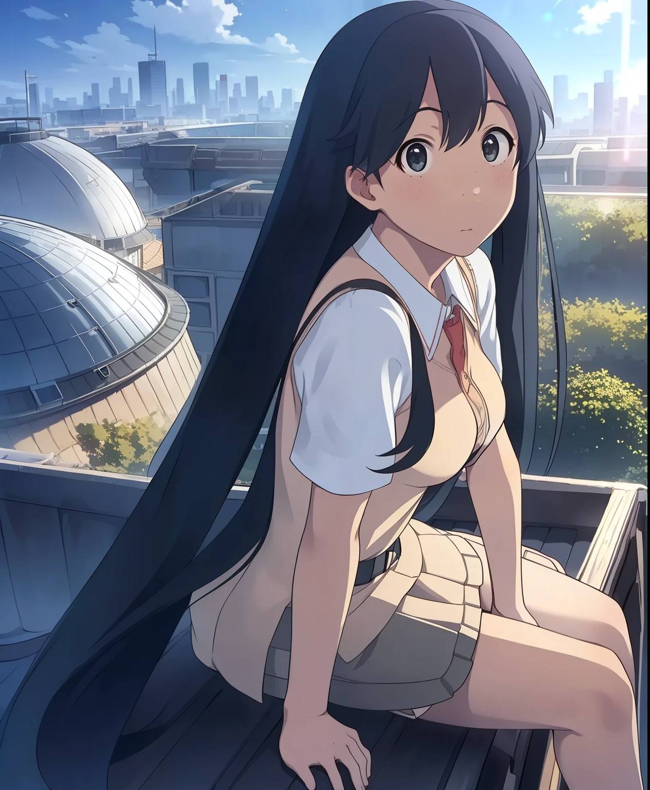 (masterpiece、 best quality、 best quality、 Official Art、 beautiful and beautiful :1.2)、( one girl who is at ease:1.3) Hatsune Miku、 twin tails, Beautiful breasts, best quality, masterpiece,  Very detailed,  detailed background, Anime,  1 girl ,  young girl,  petite girl with medium hair,  Sci-fi , science fiction, Outdoor,  knight ,  starry sky , greenhouse,  MegaStructures, Biodome, landscape, scenery,  horizon , rooftop, sitting on rooftop, wind,  looking sideways, Atmospheric lighting,  solo focus ,  close, from side,  depth of writing, Bokeh
