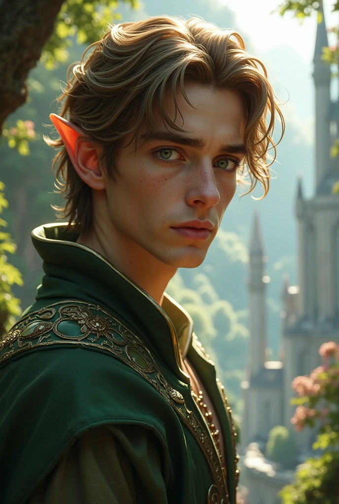 A noble elven guardian with short, sleek hair and an air of calm authority. His eyes are a deep, mystical green, and he wears elegant armor adorned with nature motifs. He stands in a serene, ancient forest with glowing flora.