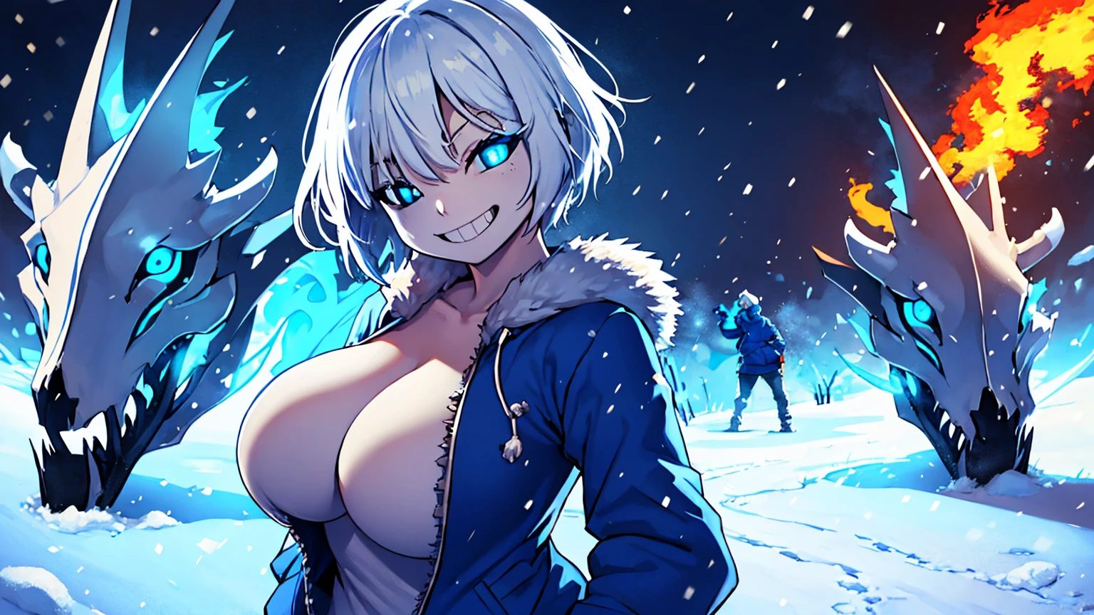 Toby Fox Undertale Sans Blue Jacket ,Fire eyes skull smile white long hair glowing snow town Femininefull big breast breast enlargement full-body shot