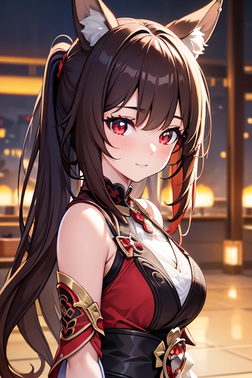 beautiful woman with red eyes, 2 ponytails, long brown hair, fox ears, wearing a beautiful red brown dress, genshin impact style, cute girl, (best quality,4k,8k,highres,masterpiece:1.2),ultra-detailed,(animated,photorealistic,photo-realistic:1.37),intricate details,exquisite,vivid colors,cinematic lighting,concept art,digital painting