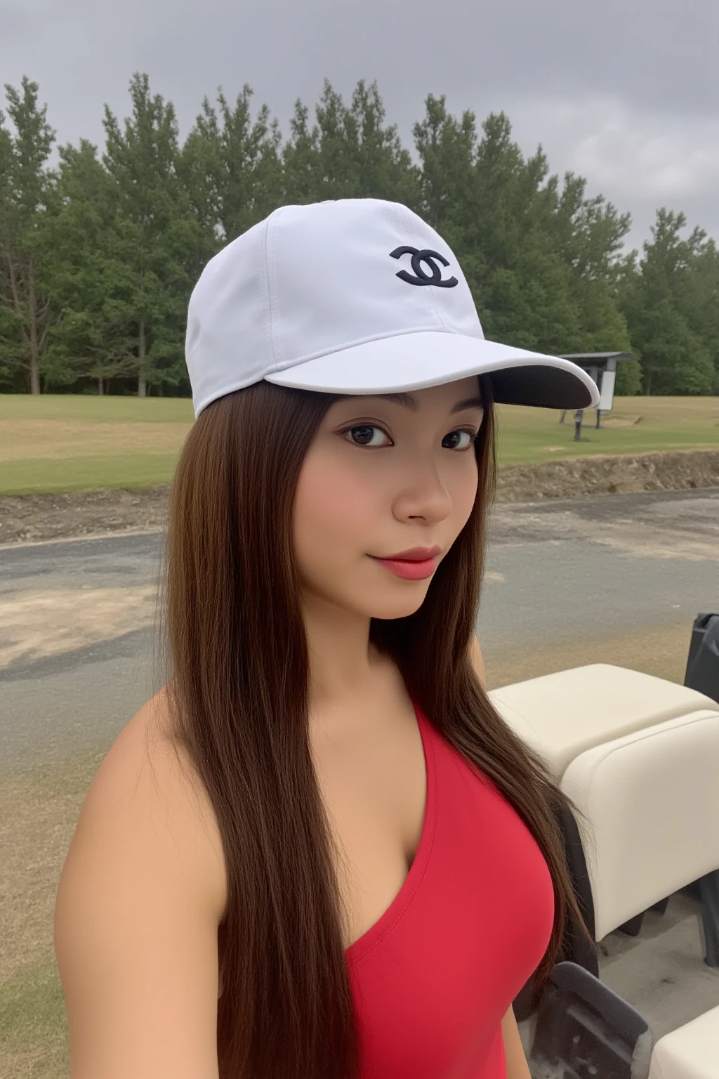 POV selfie. Big . Ponytail. Wearing fall golf dress outfit. Wearing Chanel white baseball cap. Standing next to golf cart on golf course.