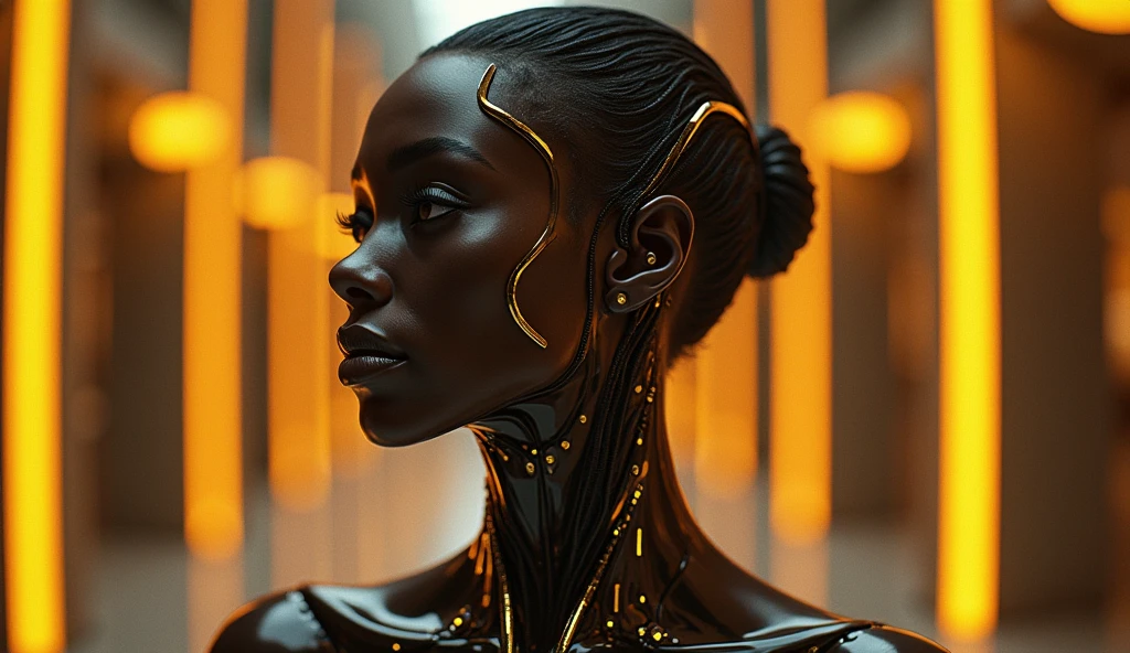 nousr robot, Complex 3D Rendering Beautiful Android Female Face of Black Woman, corpo inteiro, ciborgue, Robot Parts, 150mm, beautiful studio soft light, luz lim, Detalhe animado, cyberpunk de luxo, surreal, Anatomical, face muscles, fio do cabo, microchip, fundo elegante e bonito, octan render, 8k