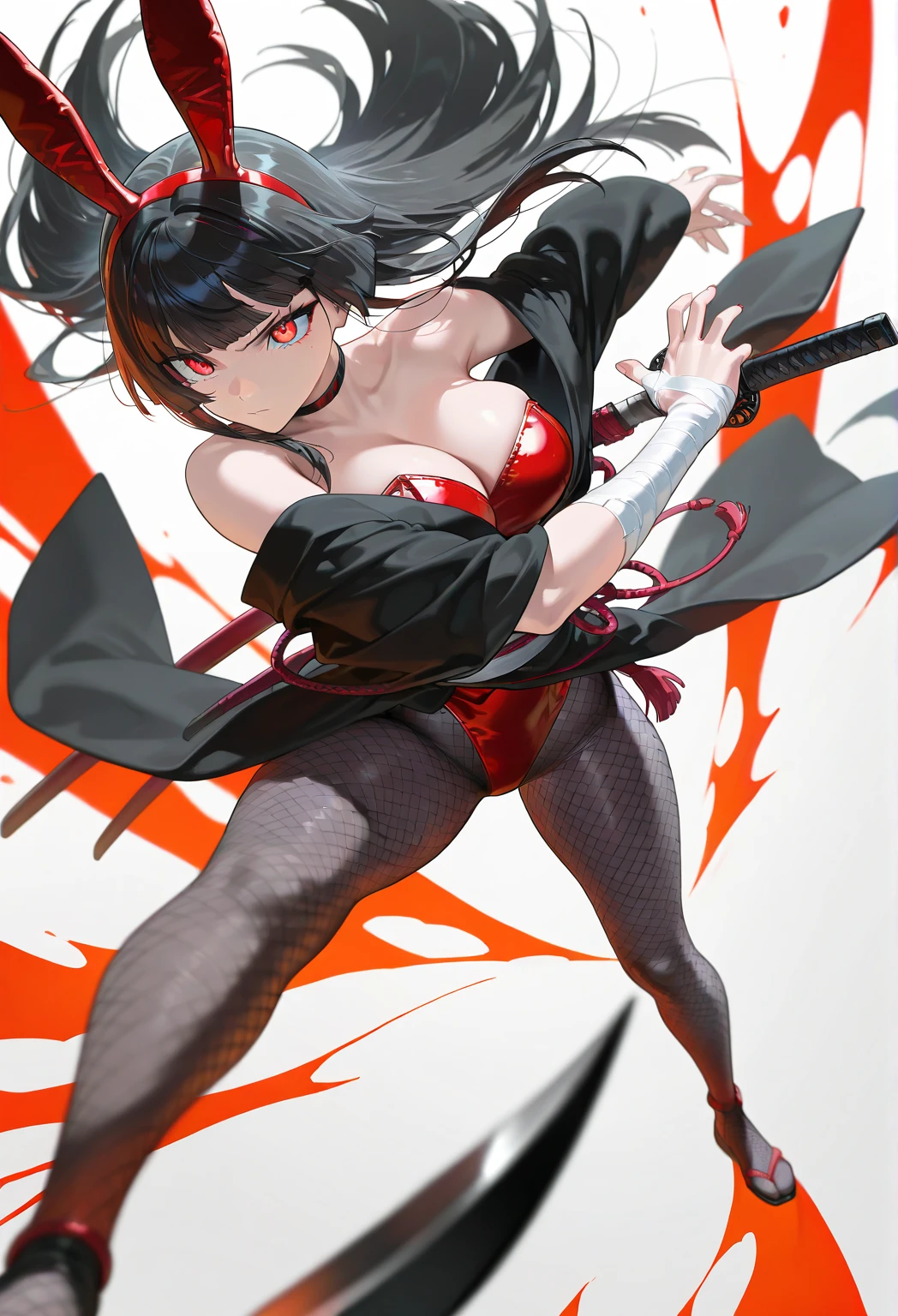 masterpiece), best quality, newest, highres, absurdres, ultra detail, extremely detailed, official art, rich colors, sharp contrast, detailed shading, perfect anatomy, good hands, solo, 1girl,large breasts,red eyes, (kunoichi), bare shoulder, sleeve less, thighs, thighhighs, japanese clothes, kimono, sash, bandages, obi, fishnets, ninja, black kimono,(bunnysuit,red leotard), confident,dominant, serious, sharp eyes, large breasts, big thighs, fishnet pantyhose,real bunny ears ,real bunny tail,sheathed katana,hime cut,black hair expressive pose, simple background, full body , closeup, dynamic view, dynamic action,