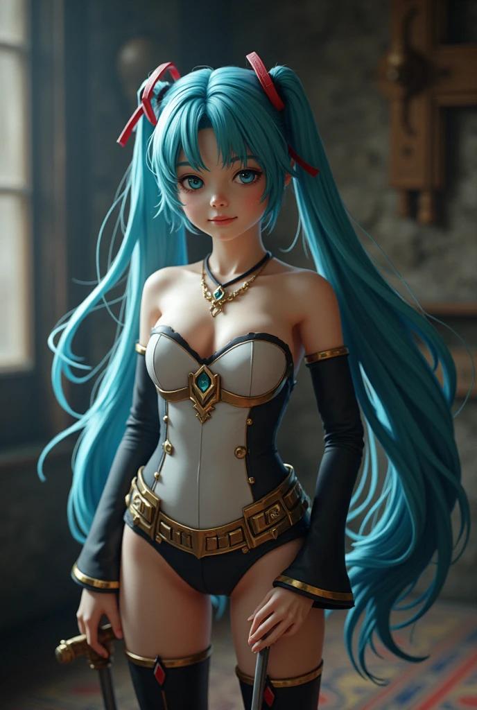 (masterpiece、 best quality、 best quality、 Official Art、 beautiful and beautiful :1.2)、( one girl who is at ease:1.3) Hatsune Miku、 twin tails, Beautiful breasts, ultra-detailed 3D renderings of beautiful animated characters,  Beautiful Soft Studio Light , Rim Light,  vivid details,Luxurious, race,  hyperrealistic ,  blue hair, It shows a surreal intimate part of the medieval world,  has a sword  