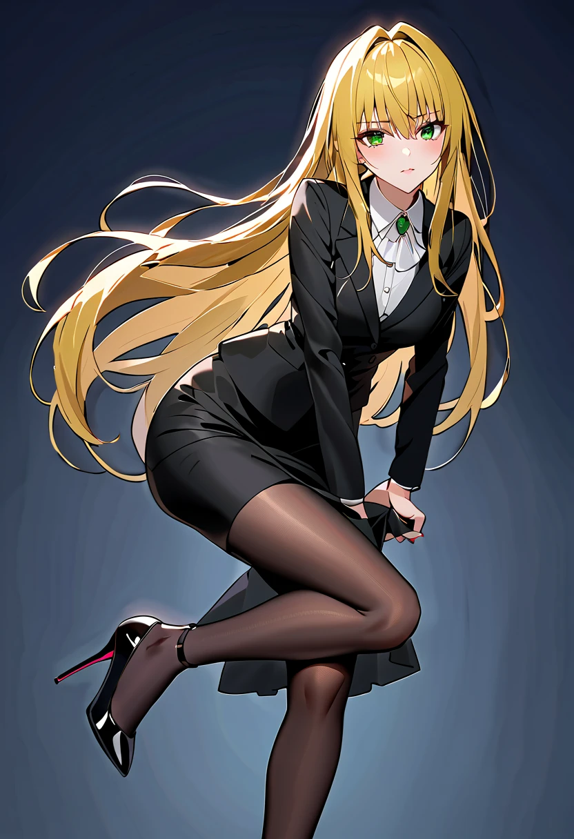 tearju moody, blonde hair, green eyes, long hair, hair intakes, bangs,  black suit、 black pencil skirt 、 black pantyhose、black strappy stiletto heels、