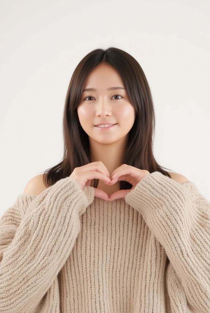 Only one woman with a cute smile wears cute, fluffy off-shoulder pajamas, makes a big heart shape with both hands, and poses them in front of her chest, View above collarbone、The background is a monotone 、
