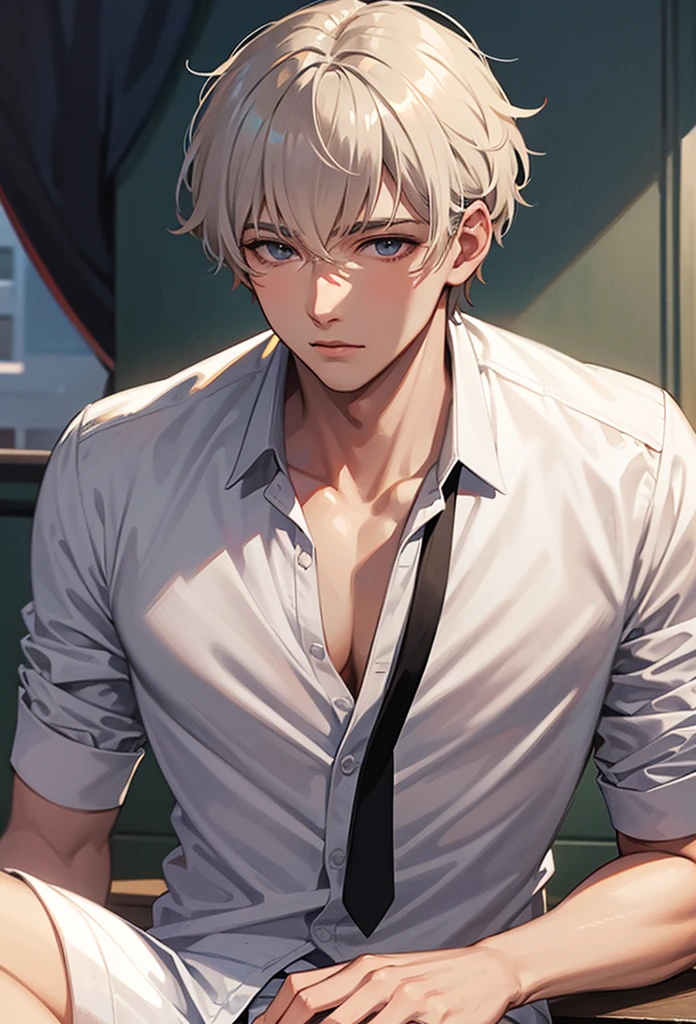 26 year old man, pale skin, pale blonde hair, grey eyes, Marked body, indifferent look, narcissistic, sexy, elegant, sitting with black shirt open