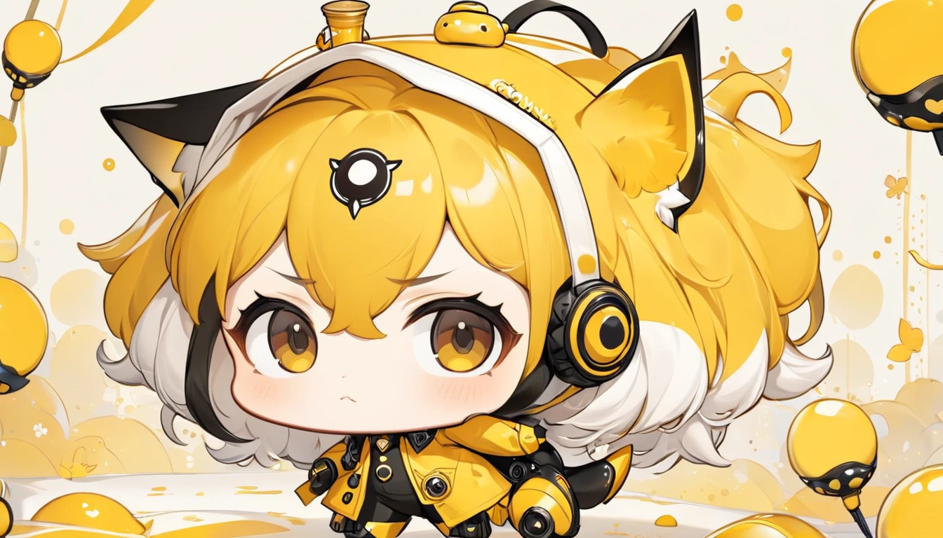 (1 robot boy:1.2),(Machinary:1.3),(mythological creatures:1.2),beast,(White hair:1.2),(yellow clothing:1.2),Fluffy,(beautfully face:1.2),gradient colors((best qualtiy)),((Masterpiece)),(offcial art,Beauty and aesthetics:1.2),depth of fields,composition(full bodyesbian:1.2),(tchibi:1.2),(beautiful and detailed eye:1.3),Long tail,(rainbow-candy:0.8),full bodyesbian,jj, Black background,yin yang,chibi, full bodyesbian