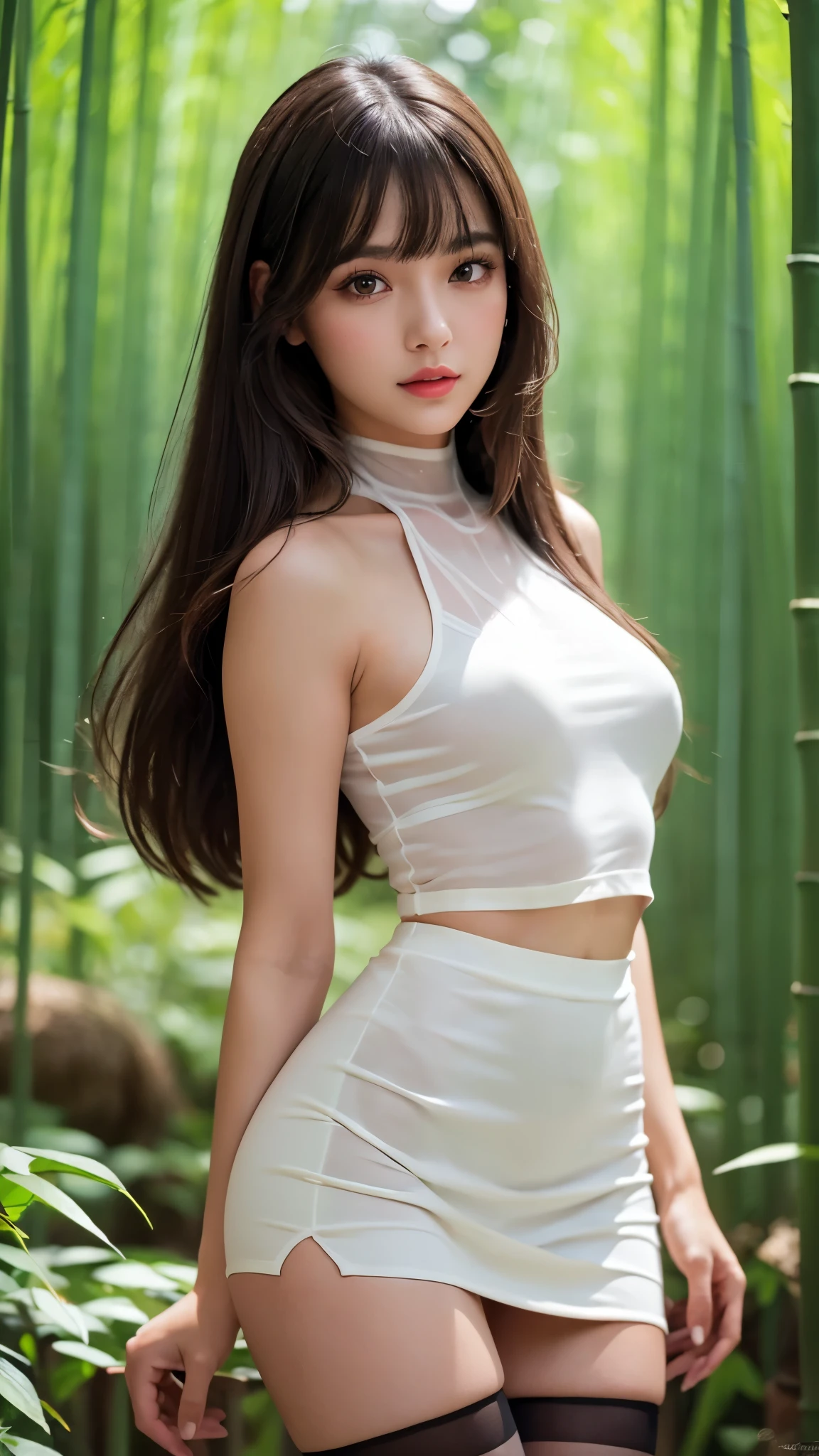 
beautiful young woman,（pose of Long straight legs few opened）,（45％ of her height is her legss:2.0）,she feels an orgasm , long shiny hair, red lips, slim figure with a slender waist, wearing White sheer mesh mock neck.black tight mini skirt, black stockings, standing in bamboo forest, (best quality, masterpiece:1.2), ultra-detailed, (realistic, photo-realistic:1.37), 1girl, beautiful detailed eyes, beautiful detailed lips, extremely detailed eyes and face, long eyelashes, serene, natural lighting, warm color tones, intricate details, highly detailed, cinematic composition, blush stickers, highres anatomically correct, blunt bangs, photorealistic, 4K, 8k