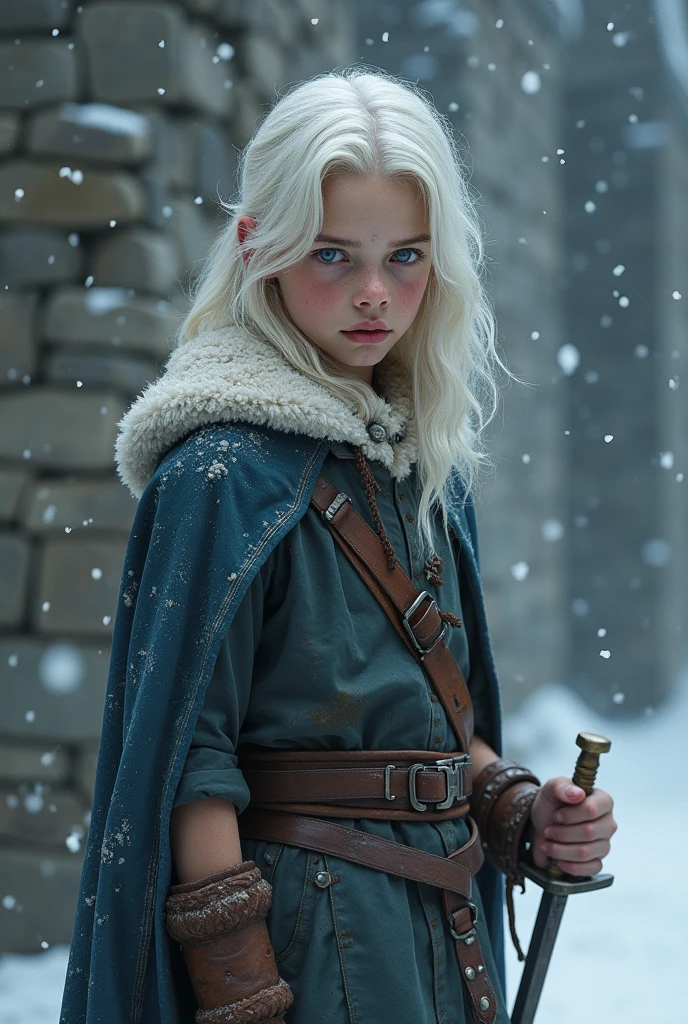 15 year old elf boy with pointy ears brown skin white hair dark blue eyes wearing a brown overcoat archery equipment shoes and very beautiful wavy silver hair to the shoulder in front 