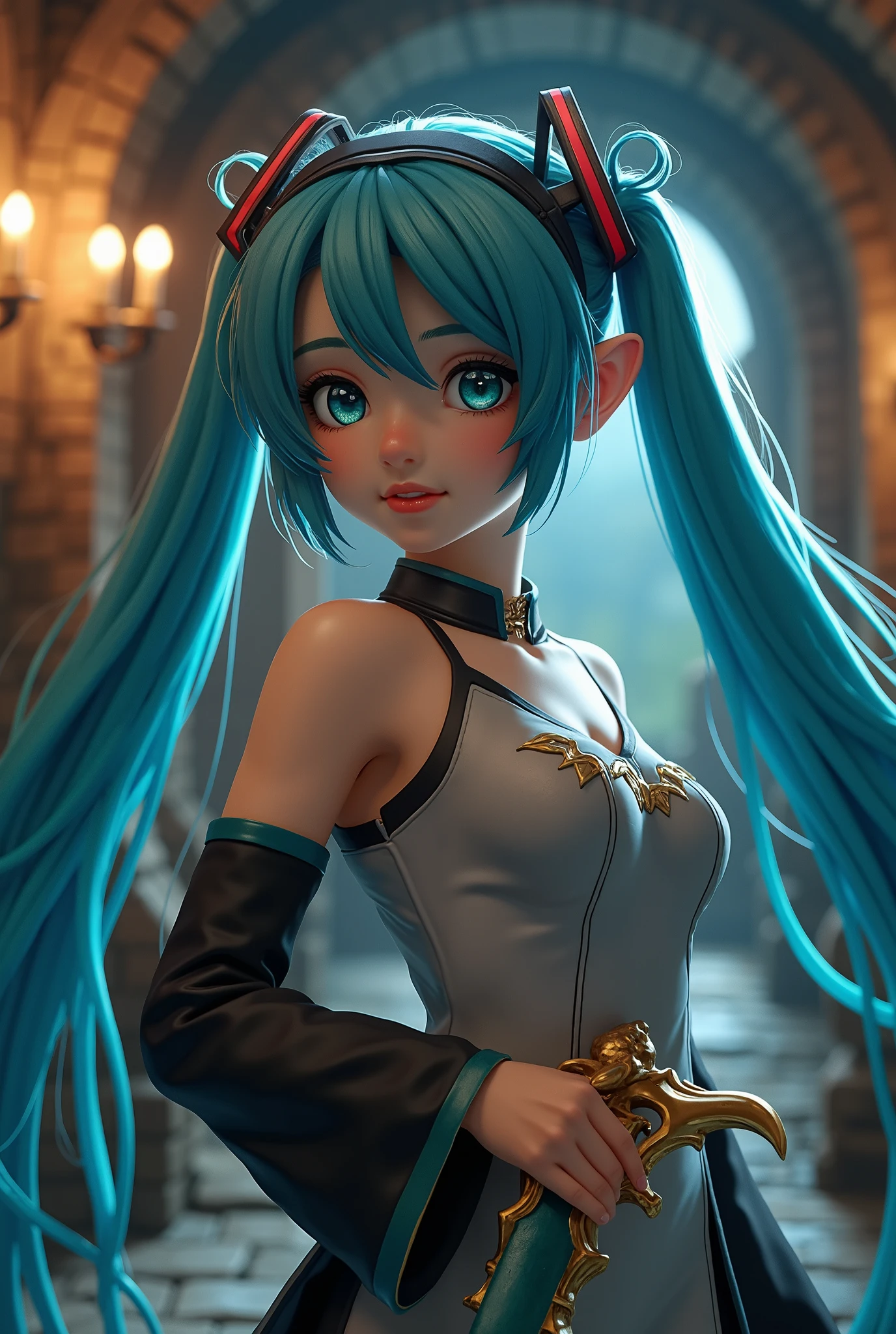 (masterpiece、 best quality、 best quality、 Official Art、 beautiful and beautiful :1.2)、( one girl who is at ease:1.3) Hatsune Miku、 twin tails, Beautiful breasts, ultra-detailed 3D renderings of beautiful animated characters,  Beautiful Soft Studio Light , Rim Light,  vivid details,Luxurious, race,  hyperrealistic ,  blue hair, It shows a surreal intimate part of the medieval world,  has a sword  