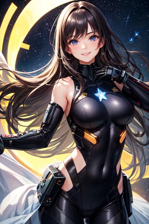 masterpiece, best quality, highres, 1girl, solo, superhero, leotard, bare legs, boots, matching boots, aura, blue aura, sleeveless, gloves, bracelets, matching gloves, looking at viewer, light particles, city backdrop, perfect hands, perfect eyes, powering up, perfect leotard, perfect legs, perfect arms, perfect fingers,