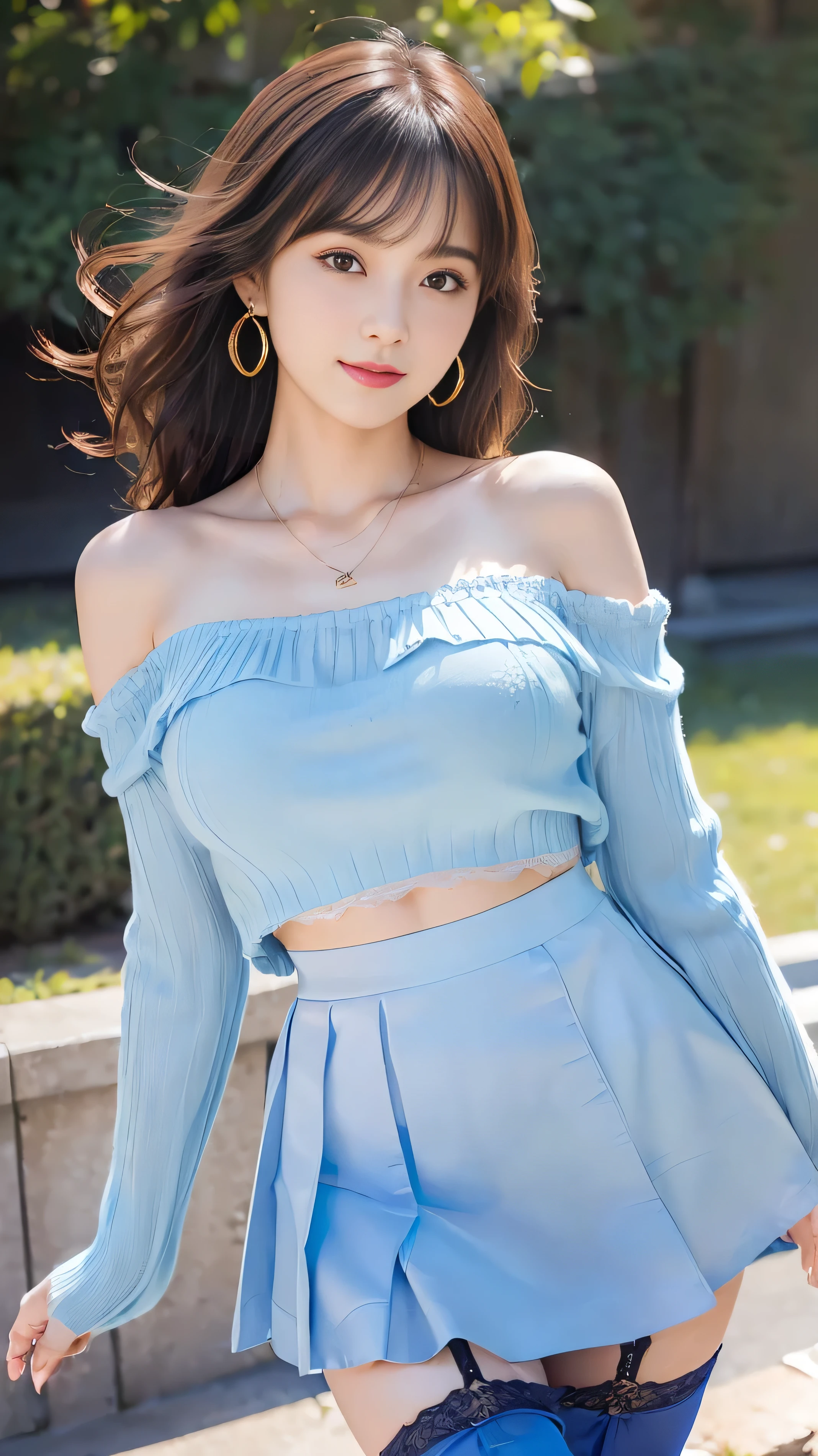 Fashion trendy beautiful and charming woman, gentle and charming Chinese beautiful woman, Korean(kpop-idol), delicate and sexy collarbone, charming oval face, double eyelids, smart [peach]blossom eyes, pink lips, small nose, bare shoulders, focus on the face, close-up of the face, Ultra-high-definition, super-detailed, the ((loose)), white off-the-shoulder shirt perfectly echoes the light blue high slit miniskirt, (chest cutout). ((black)lace panties), fresh and impressive, Natural(medium breasts:1.25), (nsfw:1.2)