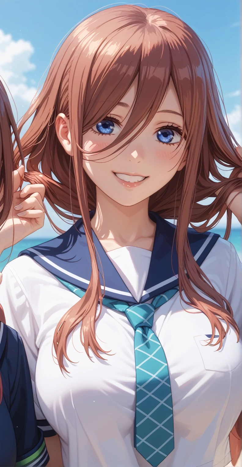  girl,  fit girl , score_9,  score_8_up,  score_7_up,  score_6_up,  No posts, 1peopleの girl, Nakano Miku, Long Hair, bangs,  blue eyes,  brown hair,  shirt, Hair between the eyebrows, Big Breasts,  sailor suit , School_uniform, tie,  white stockings, smile,  close your mouth, Tying up hair, Bite barrettes ,  people ,  standing,  harvest crops 