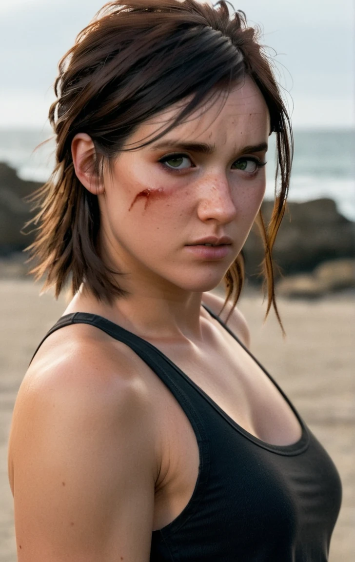 photo of ohxw, ellie, tattoo on left arm, woman, black jeans, close up, , meduim length hair, face details, low key lighting, blood on her face. Sexy face. Ribbed Tank top black .at the beach
