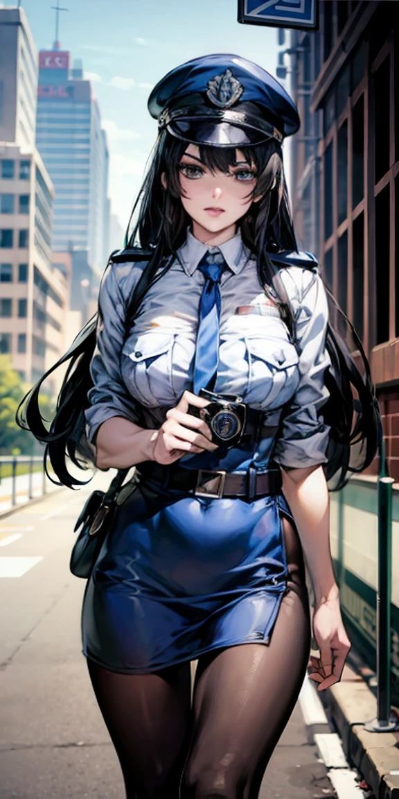  absurd determination ,  high definition , (masterpiece:1.4),  super detailed,  1 girl , blue eyes, Long black hair，Wear a police uniform and a miniskirt,  white handbags、 pantyhose、City streets, sexy posture, The camera is close to your body 