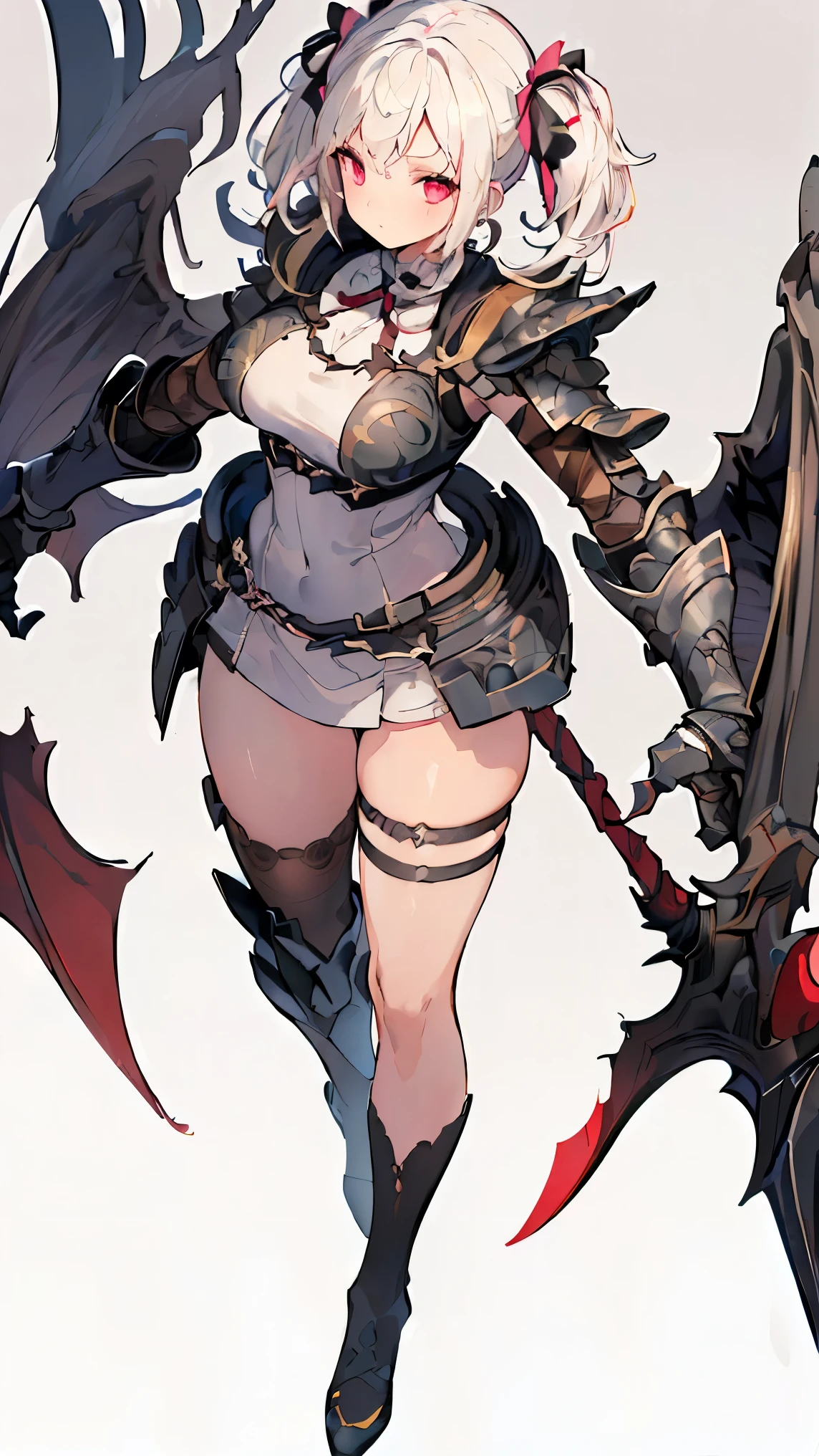 (((Best quality, 8k, Masterpiece: 1.3)), ((best quality)), ((masterpiece)), (detailed), perfect face, perfect body, (detailed skin:1.3), (intricate details), Full body armor, gauntlets, long spears, vividly colored wings, White hair, pigtails, pink ribbon tied around the pigtails