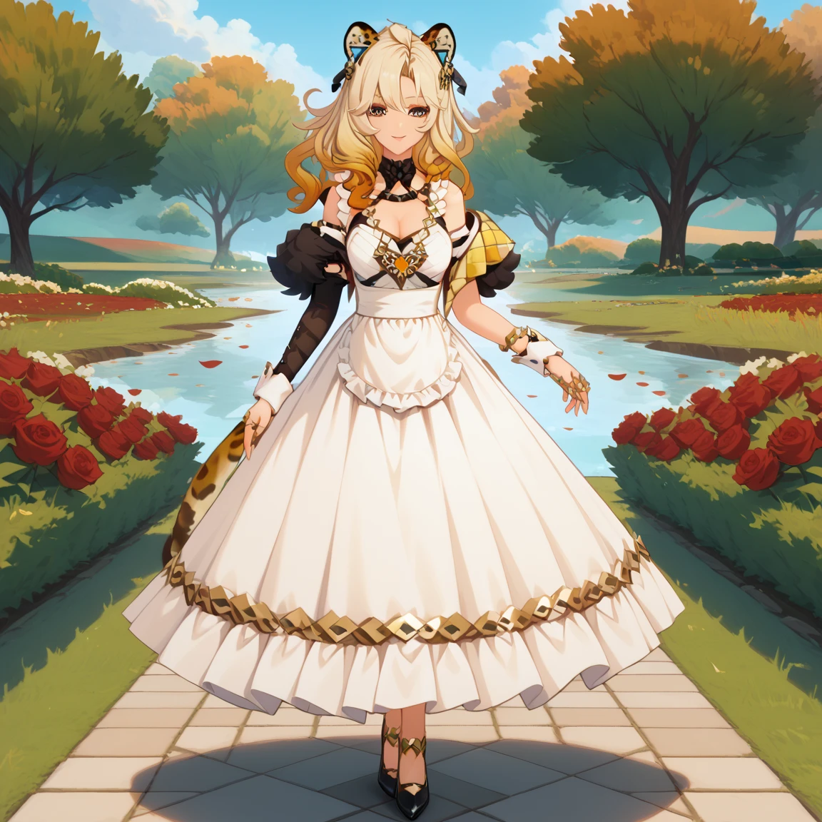 1girl, dress, solo, collarbone, long flowing hair, blonde hair, floating hair, jaguar ears, jaguar tail, ornament hair, perfectly body, gold jewelry, jewelry, maid, maid dress, perfectly hands, on garden, petals, red roses, centered girl, maid, maid dress, red dress, maid apron, white apron, maid headdress, short skirt, more details on her clothes, dress with transparency, golden details, daylight, smiling, Best quality, cleavage, small skirt, full Body