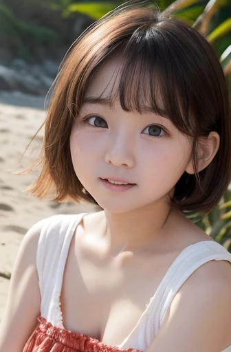 ((Detailed and realistic faces)), (10 years old), (Baby Face:1.3), girl, ((Small body)), ((Very thin body)), (Small breasts), Beach, (nude), Long Hair, BREAK, (Brown Hair), BREAK, (smile), (naked)