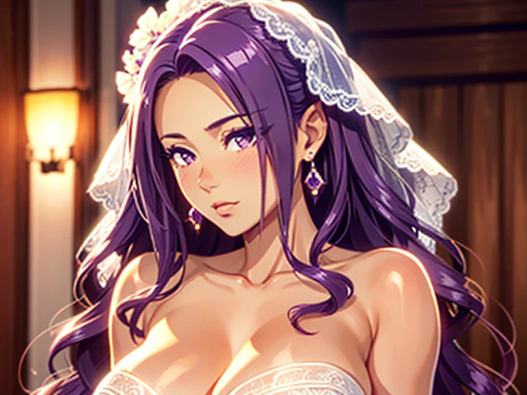 A tanned matured model! purple voluptuous bride with long wavy curls, a naturalistic and photographic oilpainting, hyperrealistic and detailed, extreme quality, realistically textured mature composition, tanned lines, mature mannered, Real Seira Sodeshiro. immersive honeymoon!, she is angelic,
