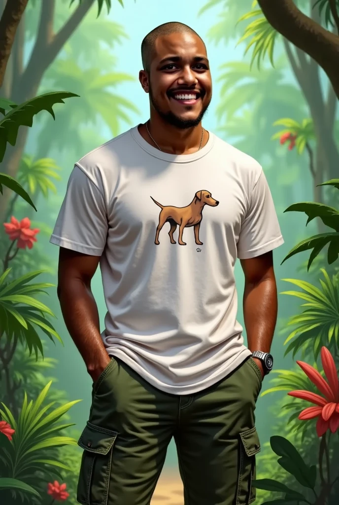 smiling black man , shaved hair, cargo pants,  white t-shirt with a minimalist design of a dog.  in a rainforest .  cartoon 